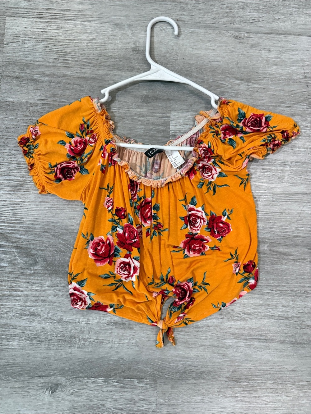 Floral Tie-Front Off-Shoulder Top - Mustard Yellow small